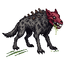 The spotted hyena creature with a red skull mask and back...