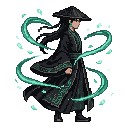 The hatted figure in black and teal robes performs a slow...