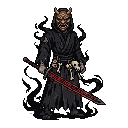 The masked figure in black robes stands in a neutral stan...