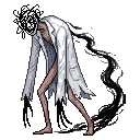 The tall figure in the white lab coat stands in a hunched...