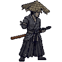 The ronin in a worn straw hat and dark robes stands in a...