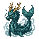 The teal sea dragon collapses into the swirling water, it...