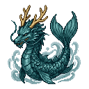 The teal sea dragon collapses into the swirling water, it...