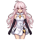 The pink-haired girl in a white dress and black sleeves p...