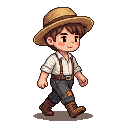 The boy in the straw hat and suspenders performs a brisk...