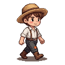 The boy in the straw hat and suspenders performs a brisk...