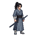 The swordsman in blue robes stands in a neutral stance, b...