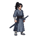 The swordsman in blue robes stands in a neutral stance, b...