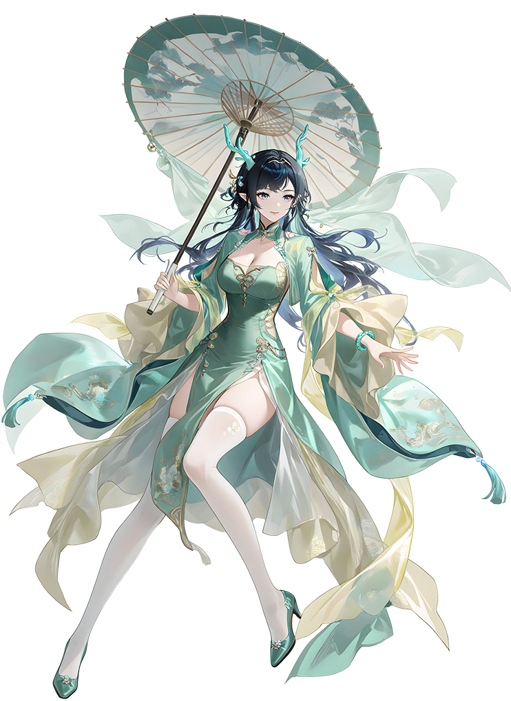 The horned character in a green dress stands in a calm id...