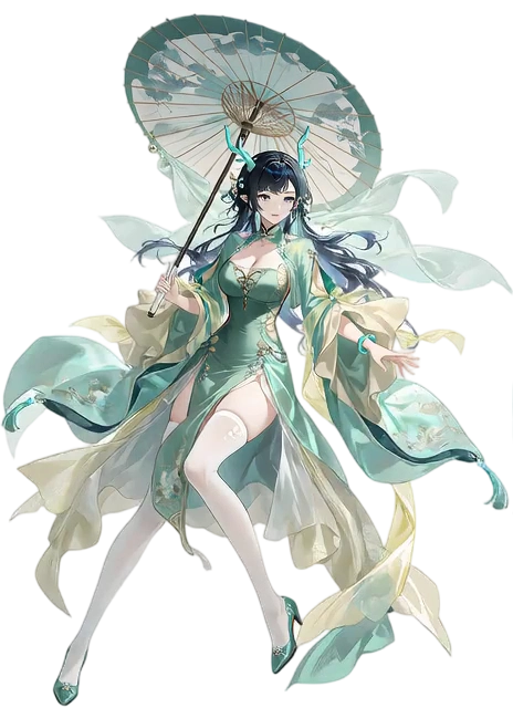 The horned character in a green dress stands in a calm id...