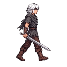 The white-haired warrior performs a steady walking cycle,...