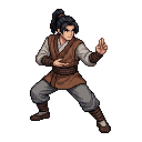 The martial artist in brown and grey robes stands in a wi...