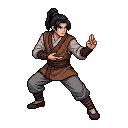 The martial artist in brown and grey robes stands in a wi...