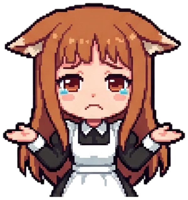 The brown-haired fox girl in a maid outfit stands in a ne...