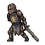 The armored knight in blue and gold tabard stands in a lo...