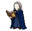The cloaked scholar wearing a dark blue robe and light gr...