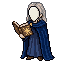 The cloaked scholar wearing a dark blue robe and light gr...