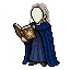 The cloaked scholar wearing a dark blue robe and light gr...