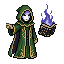 The masked mage in a green hooded robe stands with one ha...