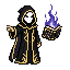The masked figure in a black and gold hooded robe stands...