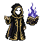 The masked figure in a black and gold hooded robe stands...