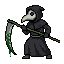 The cloaked figure wearing a white plague mask stands in...