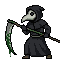 The cloaked figure wearing a white plague mask stands in...