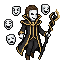 The masked sorcerer wearing a black and gold-trimmed coat...