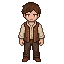 The young man with brown hair, a white shirt, and a brown...