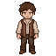 The young man with brown hair, a white shirt, and a brown...
