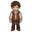 The young man with brown hair, a white shirt, and a brown...