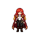 The red-haired warrior with a cape stands in a neutral id...