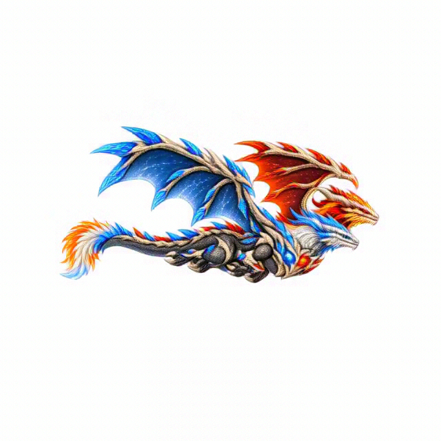 The two-headed dragon soars in place facing right with on...