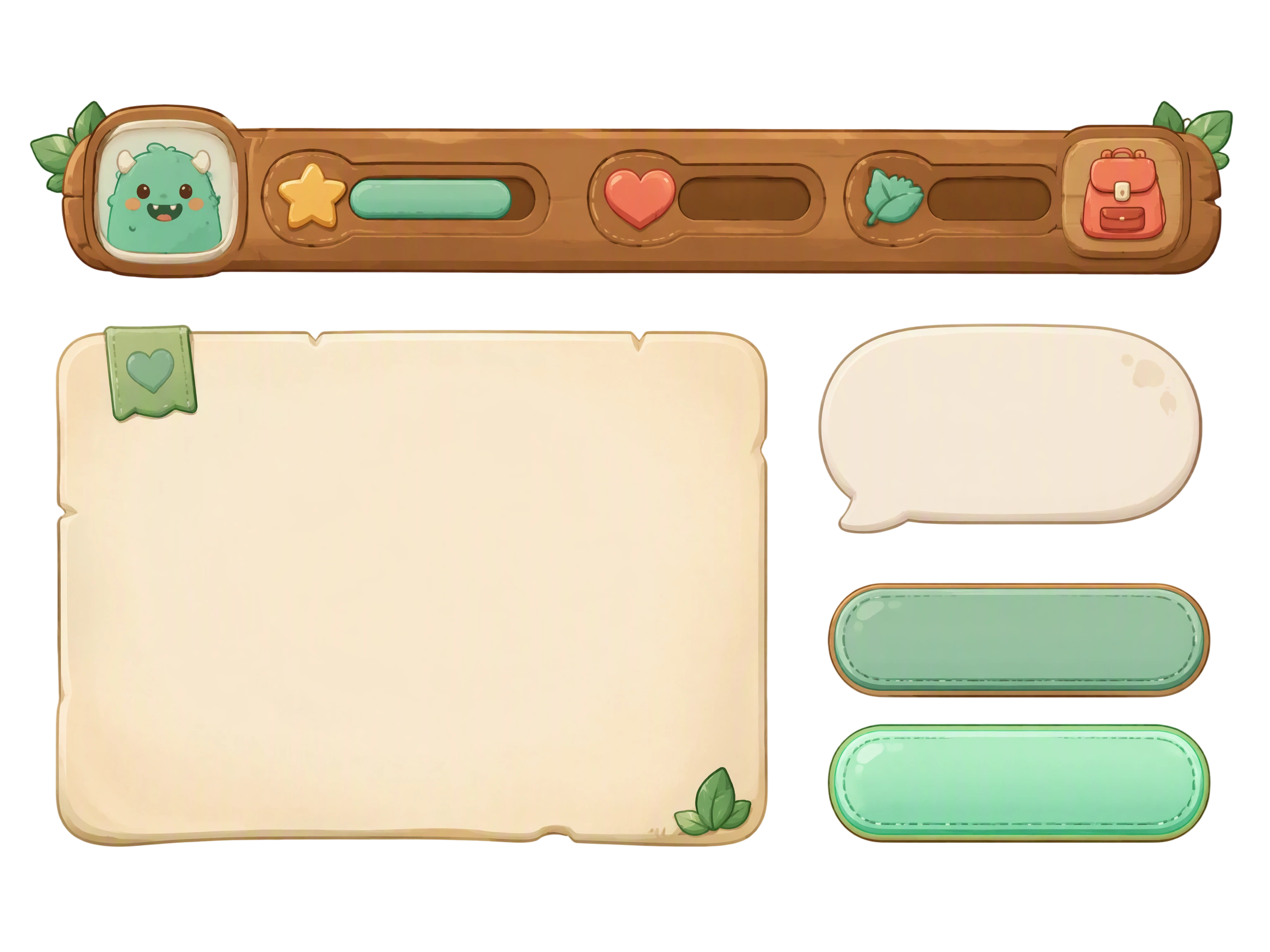 A game UI sheet for a cozy monster kindergarten game: one...