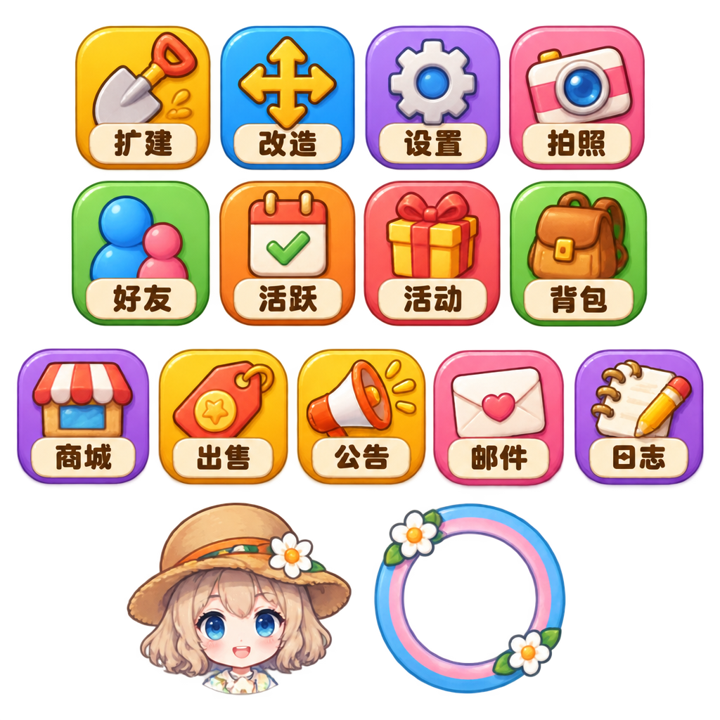 保持跟参考图1画风字体一致，现在需要 扩建（带铲子的），改造（带四方向的移动标），设置 ，拍照，好友，活跃，活动，...