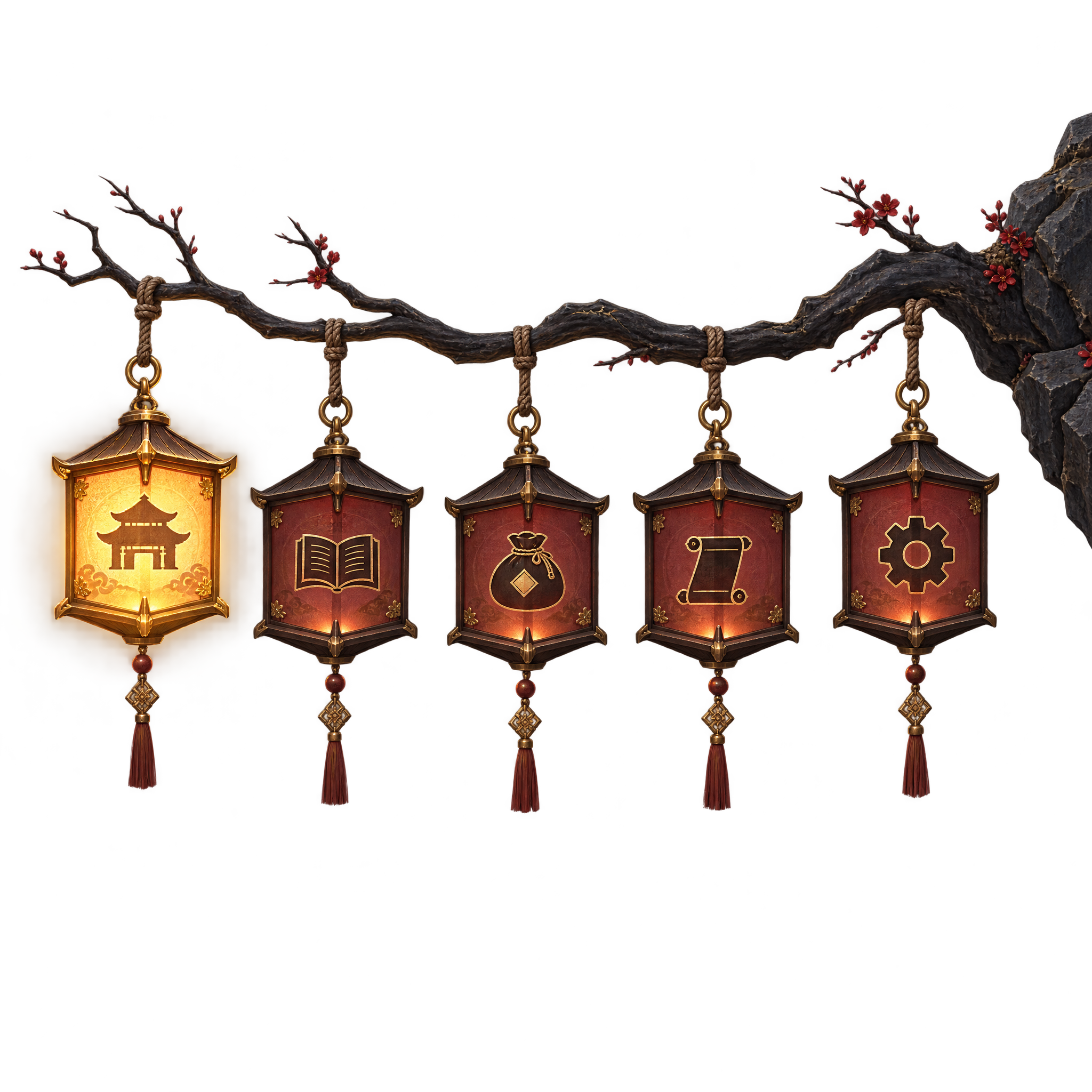 ## 灯笼 UI 本身 **外形**：六边形古风灯笼，深棕色木框，顶部有麻绳挂环和金属挂钩。 **未选中状态**：...