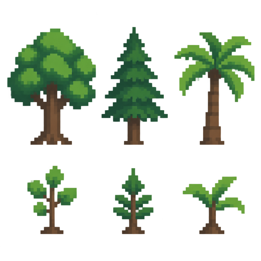 A sprite sheet of six simple flat game plants on a plain...