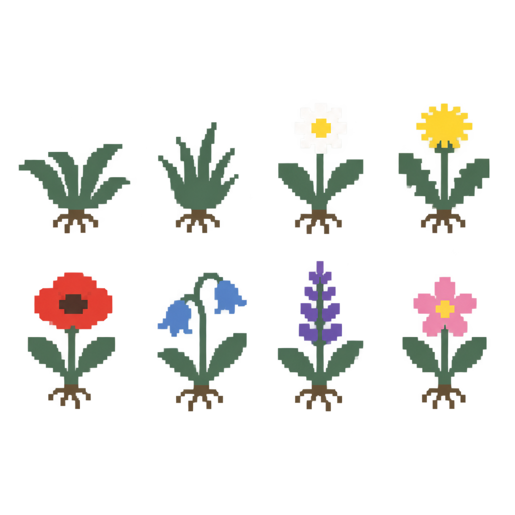 Eight separate small plant sprites for a simple 2D indust...