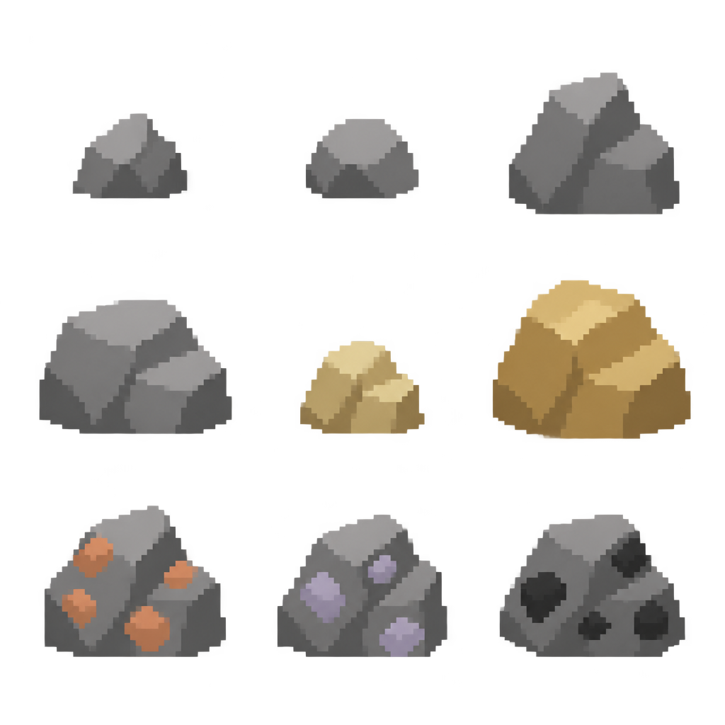 Nine separate collectible rock sprites for a simple 2D in...