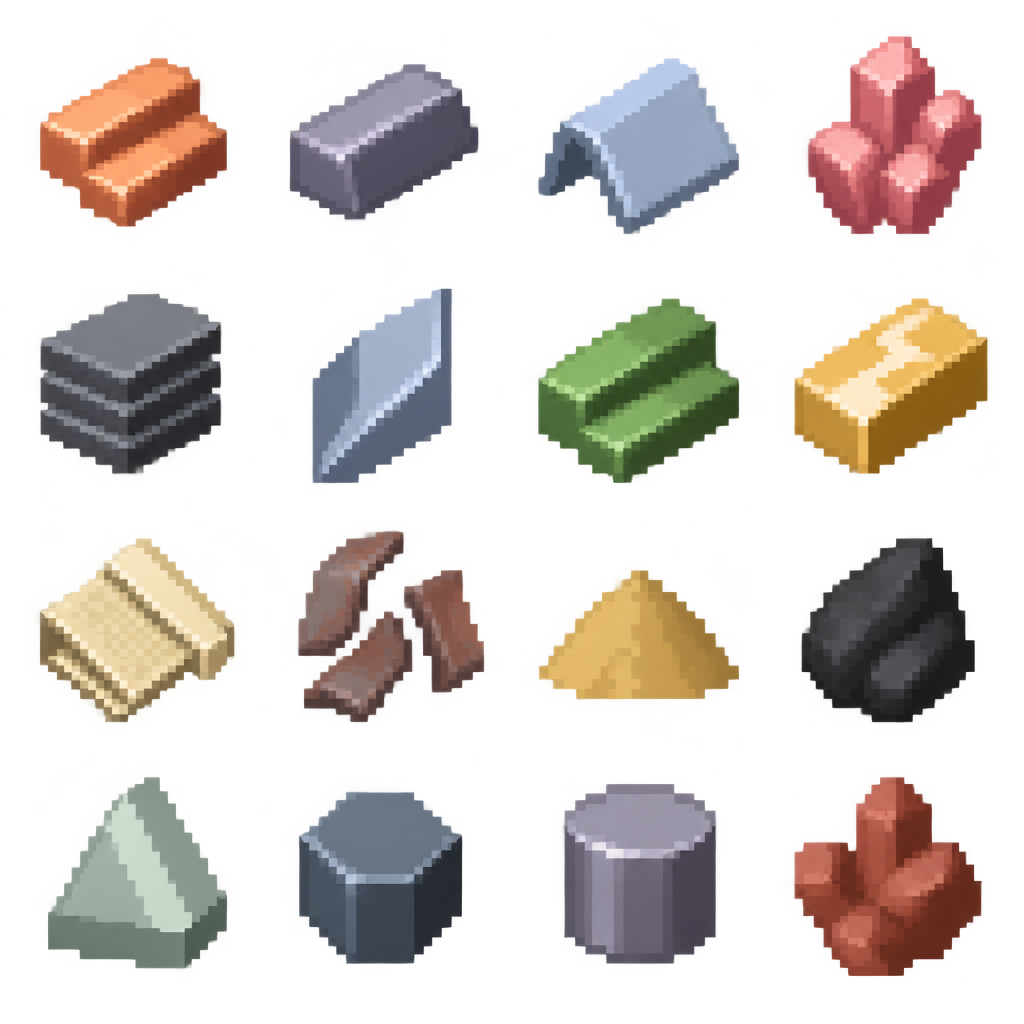 Create an original inventory icon sheet for a 2D industri...
