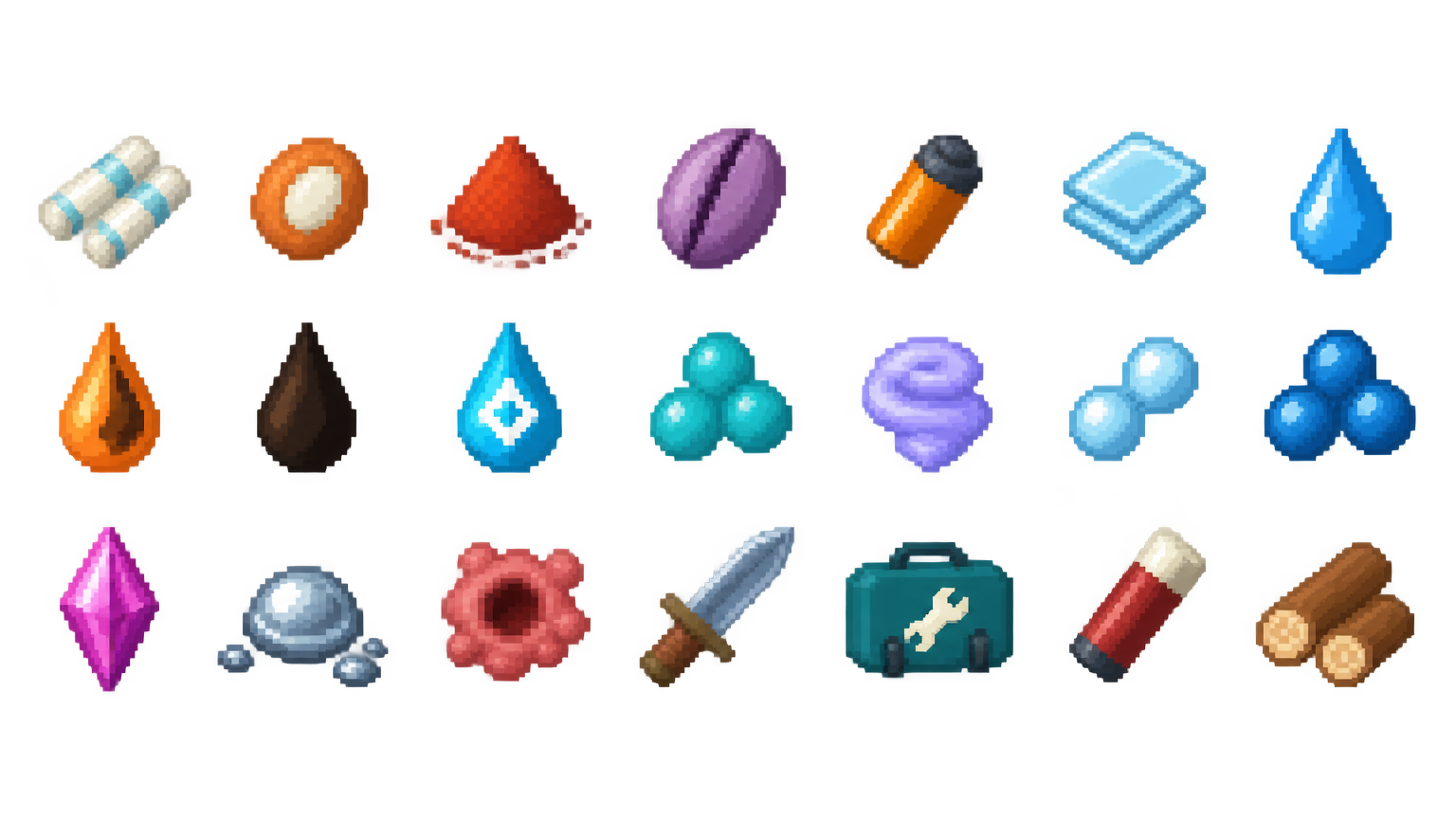 Draw an original inventory icon sheet for a 2D industrial...