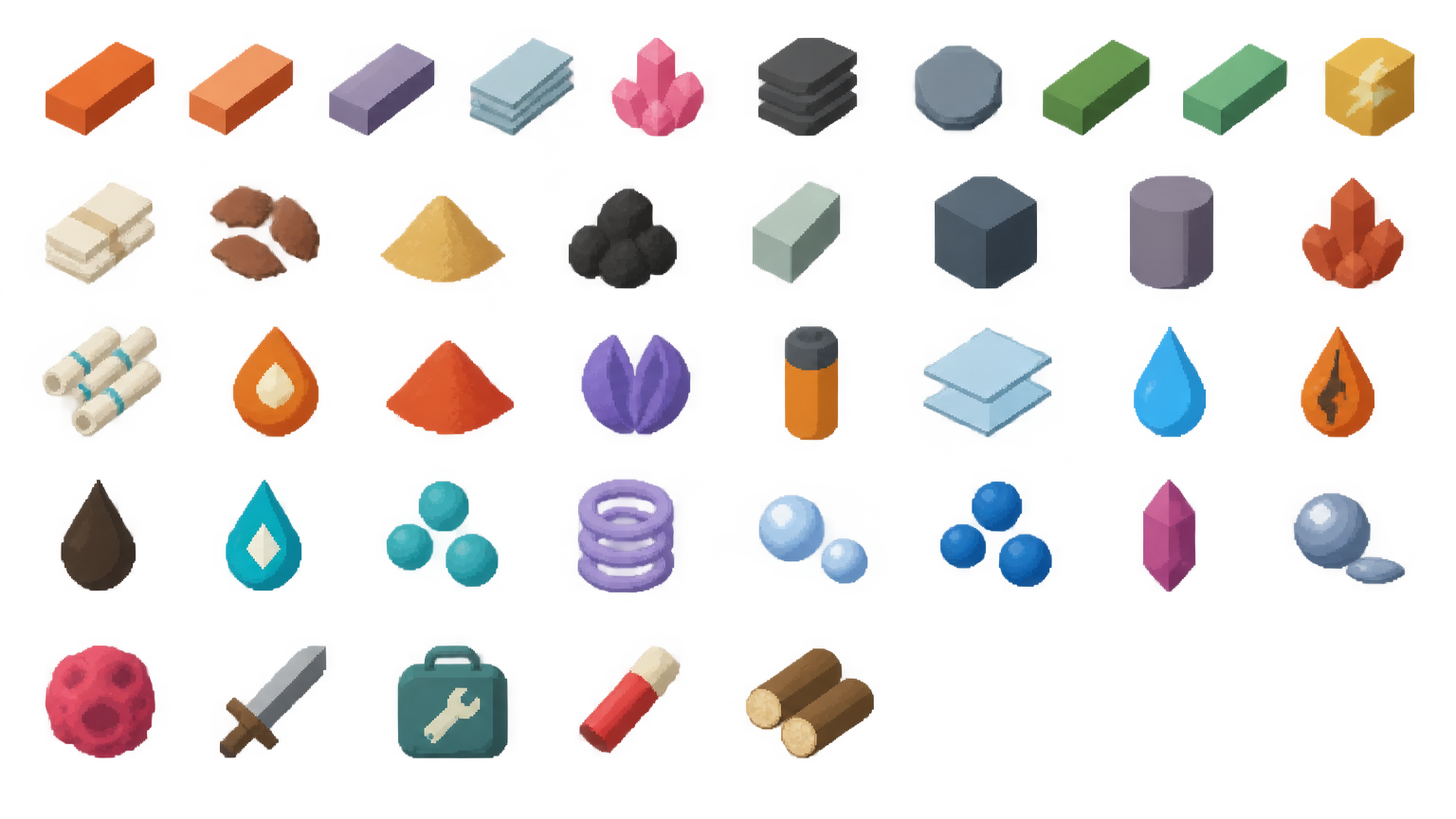 A simple flat inventory icon sheet for a 2D industrial bu...