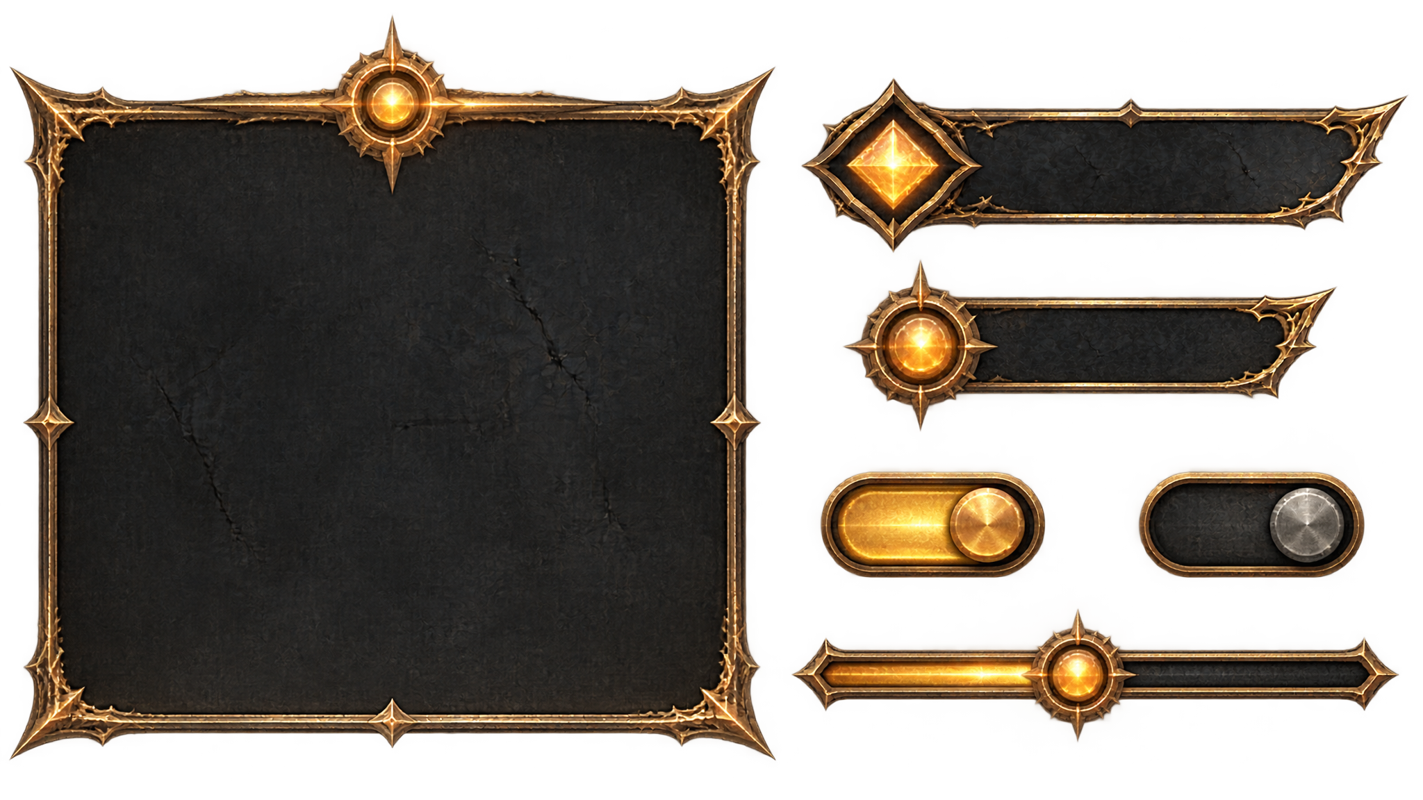 Game settings screen UI kit: one large ornamented panel f...