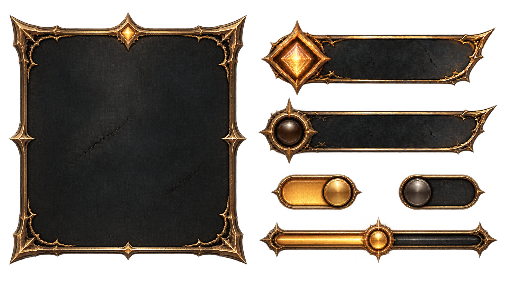 Game settings screen UI kit: one large ornamented panel f...
