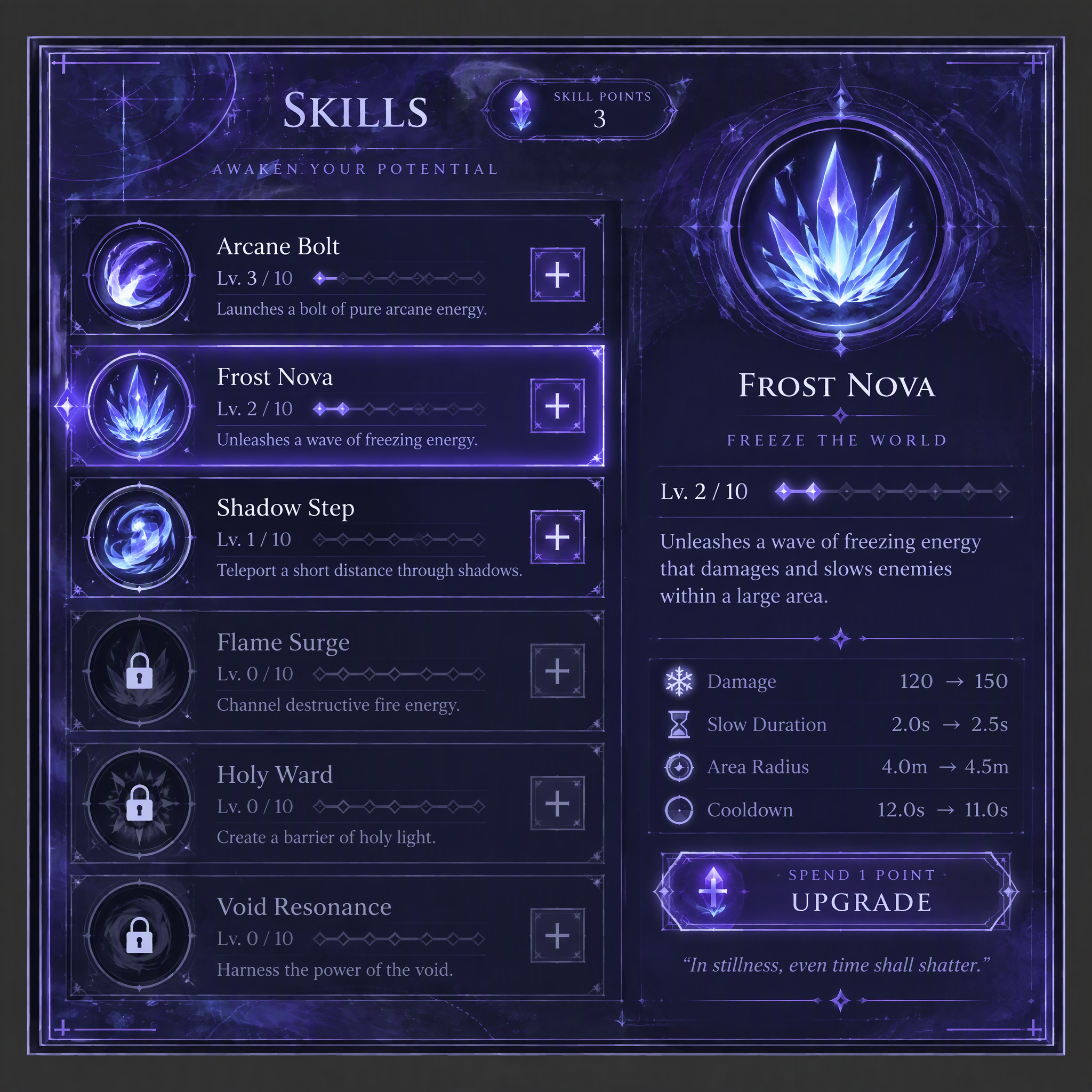 Design a clean and polished fantasy RPG skill panel UI us...