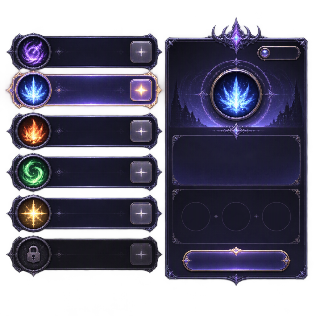 Create a textless fantasy RPG Skill UI panel using the pr...