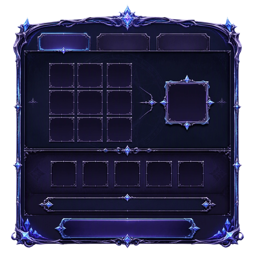Create a TEXTLESS fantasy RPG CRAFTING UI FRAME in a dark...