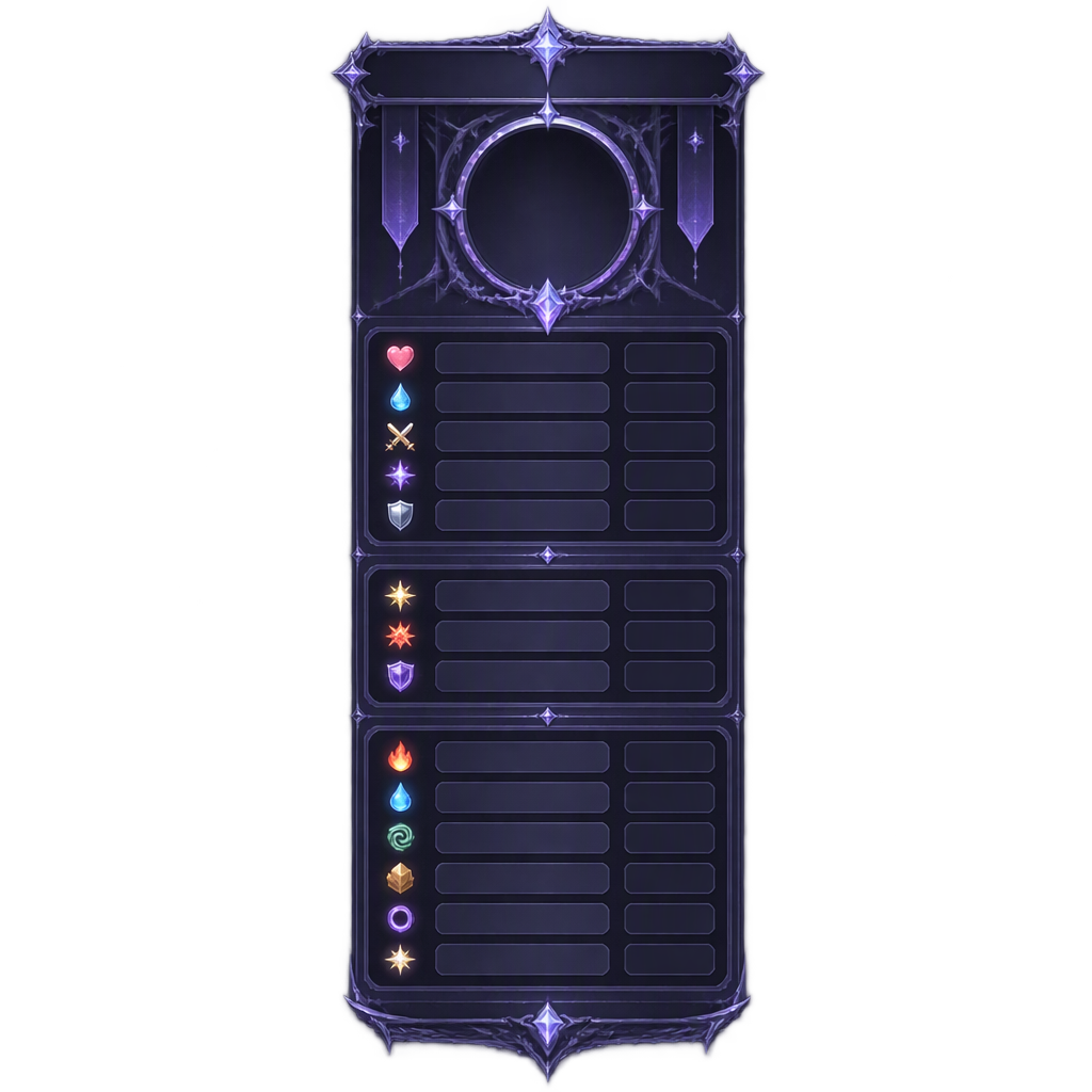 Create a TEXTLESS fantasy RPG character details panel in...