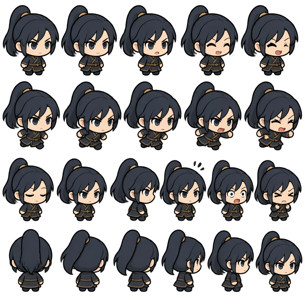 严格模仿参考图的头身比例：1 头身比例（1-head-tall chibi）——头部（含头发与发饰）占据角色整体高...
