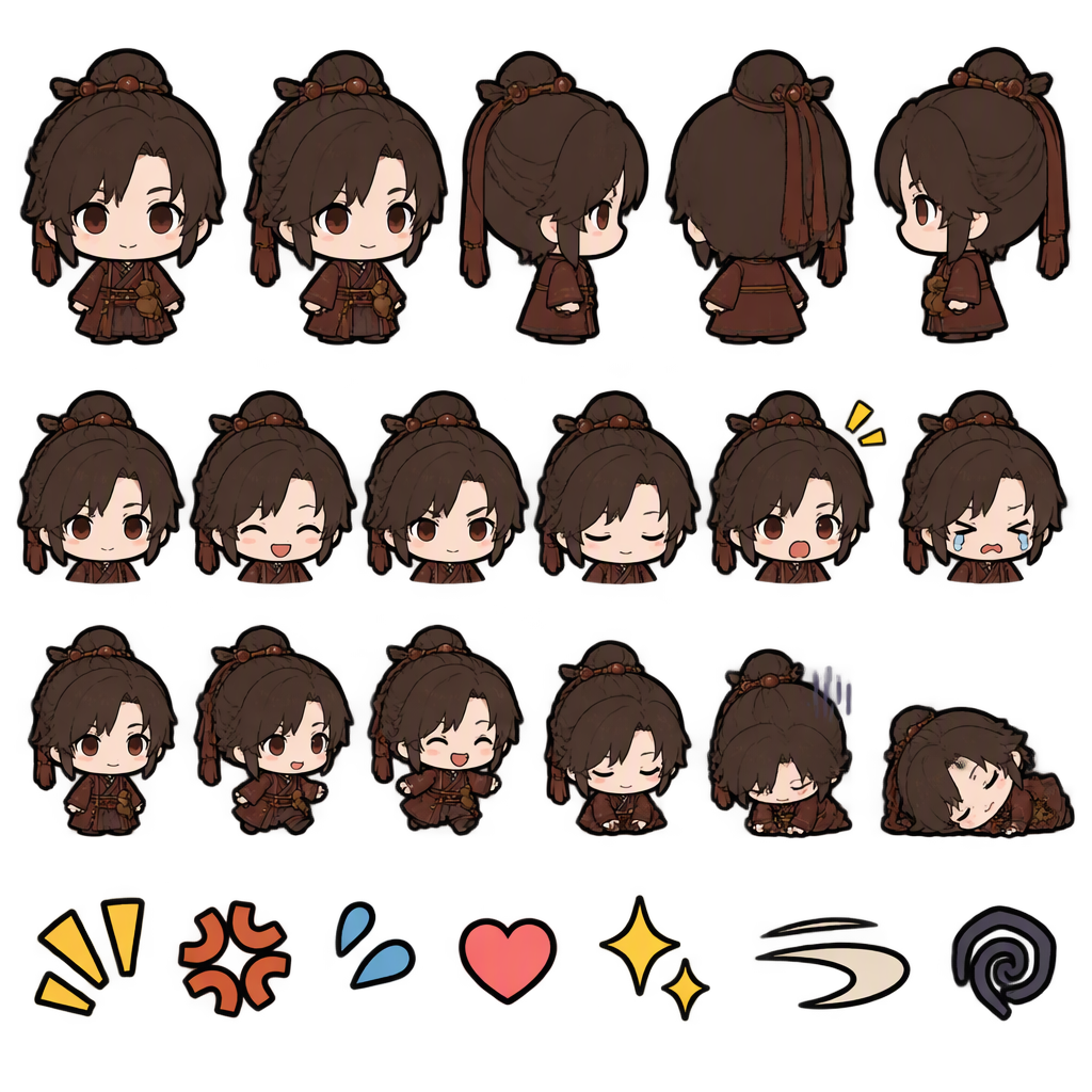 严格模仿参考图的头身比例与画风：1 头身比例（1-head-tall chibi）——头部（含头发与发饰）占据角色...